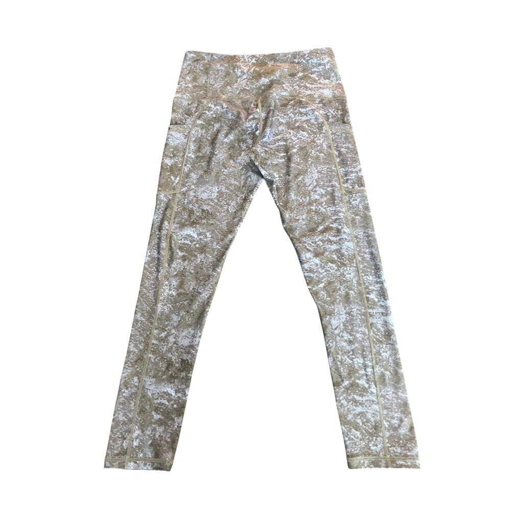 Womens High-Waist Marble Print Leggings with Pockets Tan White L (1071)